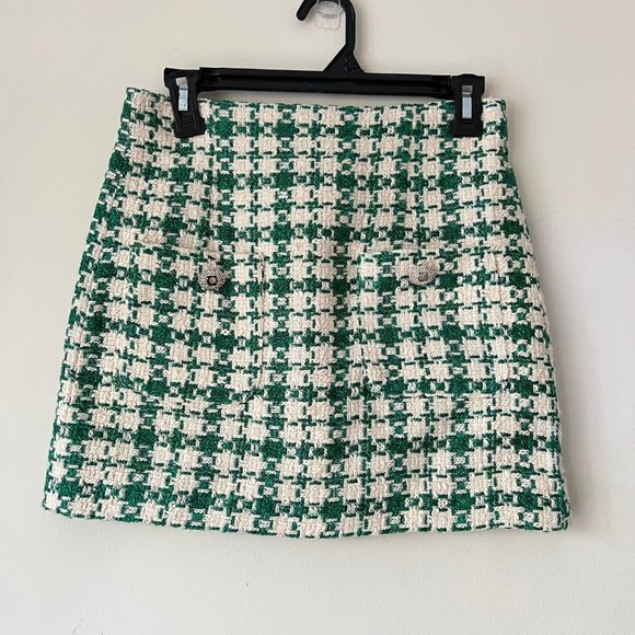 NEW Zara Tweed Green Cream Bejeweled Houndstooth Mini Skirt- Size S - Picture 6 of 14